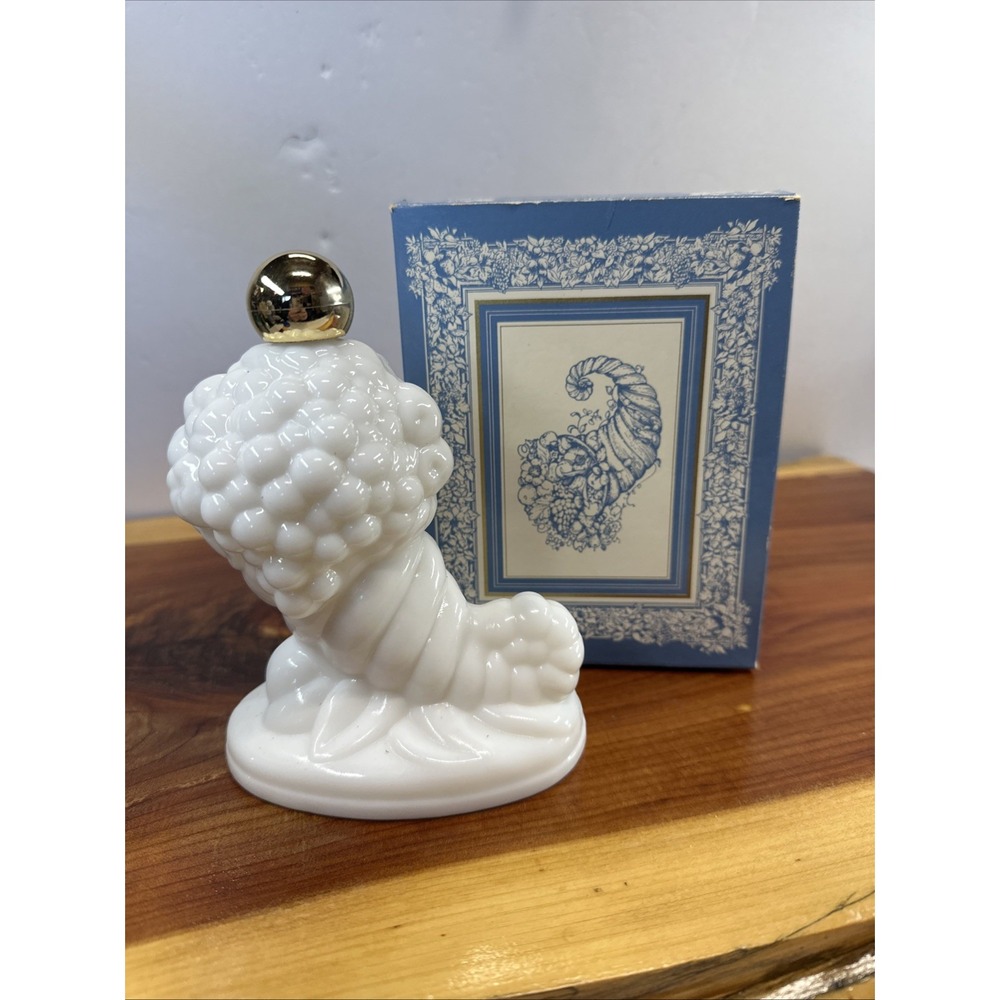 VINTAGE AVON - CORNUCOPIA - MILK GLASS -FULL OF SKIN-SO-SOFT BATH OIL DECANTER